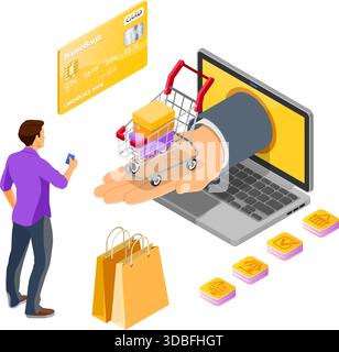 Laptop mit Hand und Warenkorb, Kreditkarte, Personen. Internet-Shopping und elektronische Online-Zahlungen Konzept. Isometrische Symbole. Zielseite templ Stock Vektor