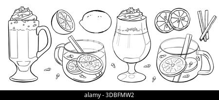 Getränkeset mit heißem Toddy, irischen Kaffee-Doodle-Illustrationen. Heiße Wintergetränke kritzeln monochrome Vektorzeichnung Stock Vektor