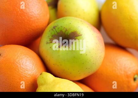 Frisches Obstsortiment mit grünem Apfel, Orangen und Zitrone. Gesundes Ernährungskonzept Stockfoto