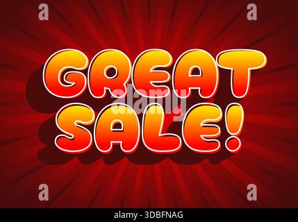Eine lebendige Grafik mit dem Text „Great Sale!“ In fetten, farbenfrohen Buchstaben auf rotem, radialem Hintergrund. Stock Vektor