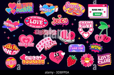 Love Heart y2k Retro Groovy Aufkleber, Valentinstag Patch Etiketten. Vektor rosa Herzen mit Cupid Engelsflügel, Blume und Kirsch Emojis. Ich liebe Nachrichtenfenster, Kuss-Lippen und Erdbeerkuchen y2k-Aufkleber Stock Vektor
