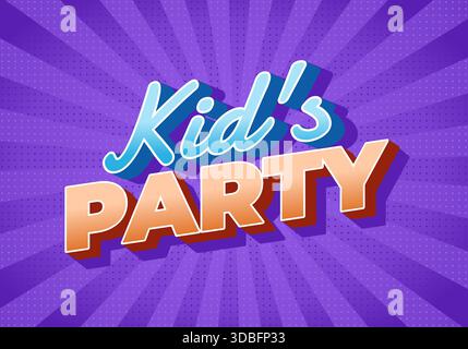 Farbenfrohes Grafikdesign mit dem Text „Kids Party“ mit leuchtendem lila Hintergrund und radialen Linien Stock Vektor