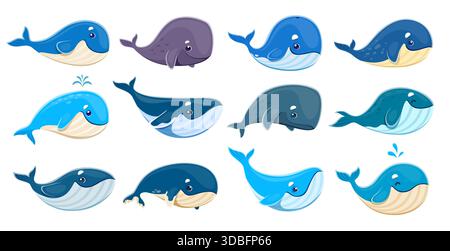 Zeichentrickwale Figuren, Vektor Meerwassertiere Set. Isolierte niedliche Blau-, Buckelwale- und Pottwale mit riesigen Unterwasser-Säugetieren mit fröhlichem Lächeln und Wasserfontänen Stock Vektor