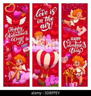 Valentinstag-Banner mit Cupids. Vektor-Poster für Liebespartys, romantisches Tagesbanner. Valentinstag-Grußkarte mit Süßigkeiten, Herzballons und Blumen, Cupidenfiguren, die auf Wolken fliegen Stock Vektor