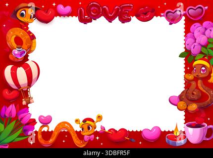 Valentinstag-Grußkarte oder Flyer-Rahmen. Saint Valentine Party Vektor Flyer, romantische Feiertagsposter oder Banner mit süßen asiatischen Schlangen Charakteren, Heißluftballon, Blumenstrauß und Kaffee Stock Vektor