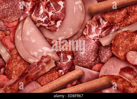 Verarbeitetes Fleisch Hintergrund als eine Auswahl von geschnittenem und gepökeltem Fleisch wie Schinken, Salami, Prosciutto im Deli-Stil und Hot Dogs als Wurstwaren. Stockfoto