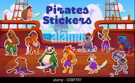 Tier Piraten Crew Charaktere auf Schiffsdeck Vektor Aufkleber Pack. Lustige Katzen, Panda, Igel und Koalabären Piratenkapitäne, Hunde-, Enten- und Biber-Korsair-Seeleute, Tierseemannsfiguren Stock Vektor