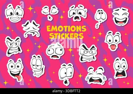 Aufkleber mit lustigen Comic-Groovigem Gesicht und niedlichen Retro-Emoji-Charakteren. Vektor-Emoticons mit fröhlichem Lächeln, traurigen Augen und wütenden Mündern. Emotionen in Zeichentrickfilmen mit groovigen Gesichtern Stock Vektor