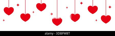 Hängende Herzen Grenzen auf isoliertem Hintergrund mit Sternen oder Funkeln. Niedlicher rosa und roter Herzhintergrund für Valentinstag- oder Muttertagskarte oder p Stock Vektor
