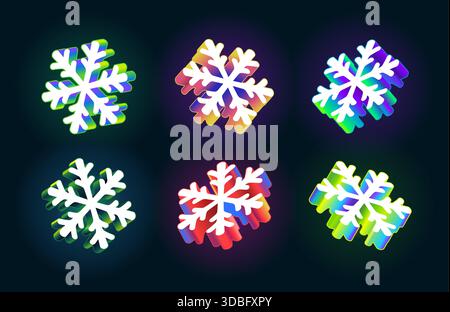 Set aus isometrischen 3D-Schneeflocken mit modernen Neongradienten. Auffällige Linien, dynamische Neigung. Trendiges dekoratives Element für das Design der Winterferien. Editierbare Vektor-EPS10-Grafiken. Stock Vektor