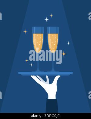 Kellnerhand in weißem Handschuh mit einem Tablett mit zwei Gläsern Sekt. Illustration des flachen Vektors Stock Vektor