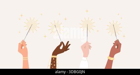 Hände von Frauen verschiedener Nationalitäten und Hauttöne mit brennenden Funkeln. Illustration des flachen Vektors Stock Vektor