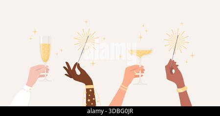 Hände von Frauen verschiedener Nationalitäten und Hauttöne, die Gläser mit Sekt und brennenden Wunderkerzen halten. Illustration des flachen Vektors Stock Vektor