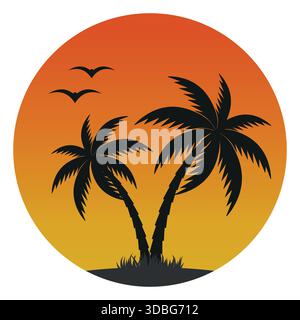 Illustration einer Insel mit Palme und Möwen vor dem Hintergrund des Sonnenuntergangs Stock Vektor