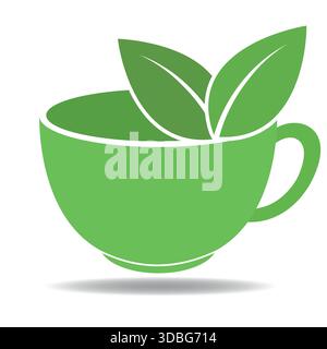 Abbildung mit grünem Tee-Logo. Becher mit Blättern auf weißem Hintergrund. Stock Vektor