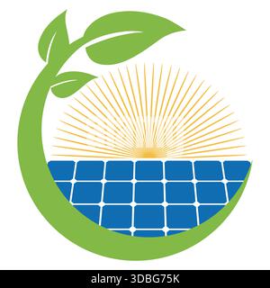 Abbildung des grünen ENERGY-Logos. Solarbatterie mit Sonne und grünen Blättern. Stock Vektor