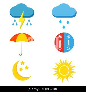 Illustration der Symbole für die Wettervorhersage auf weißem Hintergrund Stock Vektor