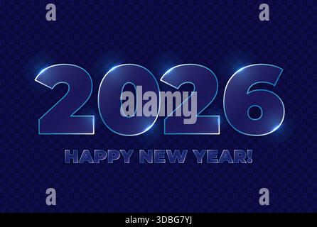 Neujahrspostkarte 2026 Glasmorphiseffekte. Zifferndesign. Happy New Year Textvorlage in Blau. Elemente für Webdesign isoliert. Postkarte, Kalender, Banner. Vektorabbildung. Stock Vektor