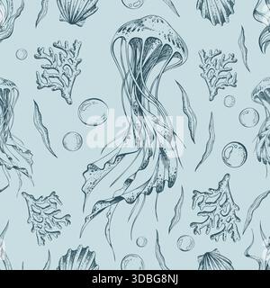 Handgezeichnetes Meereslebewesen mit Quallen-, Muschel-, Korallen- und Algenelementen. Unterwasser-Welt-Vektor-Umrissgrafik Illustration auf Stock Vektor