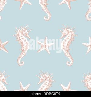 Nahtloses Muster mit handgezeichnetem Seepferd und Seesternen. Unterwasserwelt-Illustration für Textil-, Tapeten- und Stoffdesign. Marine Stock Vektor