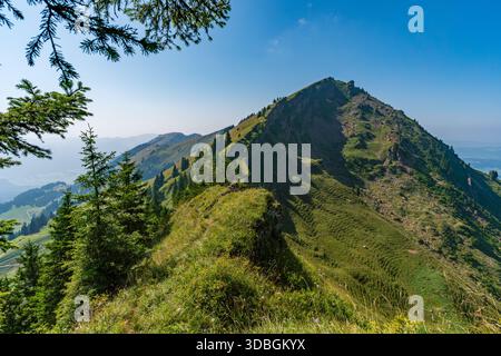 Ein atemberaubender Panoramablick auf sanfte grüne Hügel und hoch aufragende Gipfel weckt Gelassenheit und Abenteuer in der unberührten Wildnis Vorarlbergs Stockfoto