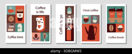 Set mit Postern mit geometrischem Muster und Kaffeedesign. Poster, Flyer, Karte, Banner, Titelvorlage zum Thema Kaffee. Vektorzeichnung, Konstruktionselement. Stock Vektor