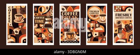 Set mit Postern mit geometrischem Muster und Kaffeedesign. Poster, Flyer, Karte, Banner, Titelvorlage zum Thema Kaffee. Vektorzeichnung, Konstruktionselement. Stock Vektor