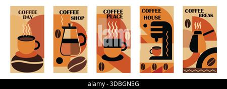 Set mit Postern mit geometrischem Muster und Kaffeedesign. Poster, Flyer, Karte, Banner, Titelvorlage zum Thema Kaffee. Vektorzeichnung, Konstruktionselement. Stock Vektor