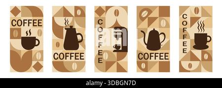 Set mit Postern mit geometrischem Muster und Kaffeedesign. Poster, Flyer, Karte, Banner, Titelvorlage zum Thema Kaffee. Vektorzeichnung, Konstruktionselement. Stock Vektor