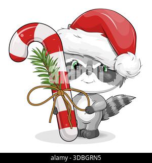 Netter Cartoon Waschbär mit Weihnachtsmann Hut und Weihnachtszuckerstock. Neujahrsvektor-Illustration von Tier und Süßigkeiten auf weißem Hintergrund. Stock Vektor