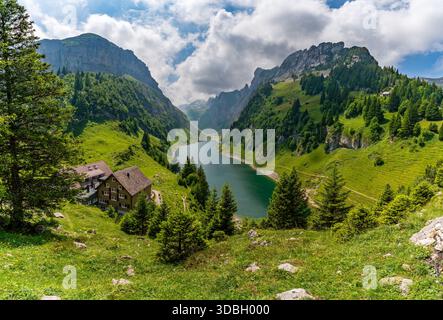 Ein atemberaubender Panoramablick auf ein üppiges alpines Tal mit einem ruhigen See umgeben von majestätischen Gipfeln, die Ruhe und Naturwunder in der wecken Stockfoto