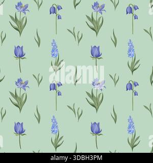 Nahtloses Vektor-Muster mit blauen Frühlingsblumen und grünen Blättern, die auf einem weichen Minzhintergrund verstreut sind. Perfekt für Stoffe, Tapeten, Verpackungen, Schreibwaren, Verpackungen, und Frühlingsdesign. Stock Vektor