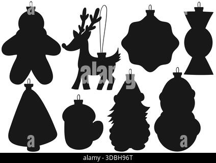 Weihnachtsbaumschmuck, Weihnachtsschmuck. Satz von Silhouetten. Entwürfe für Rätsel und pädagogische Aktivitäten für Kinder. Symbole, Schilder, Aufkleber Stock Vektor