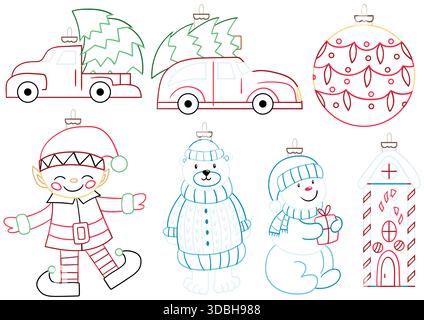 Weihnachtsbaumschmuck, Weihnachtsschmuck. Satz von Umrissdarstellungen. Handgezeichneter, farbiger Umriss. Designs zum Ausmalen von Seiten Stock Vektor