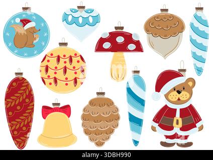 Weihnachtsbaumschmuck, Weihnachtsschmuck. Satz flacher Illustrationen. Designs für Postkarten, Flyer, Banner und Innenarchitektur. Abzeichen, Schilder Stock Vektor