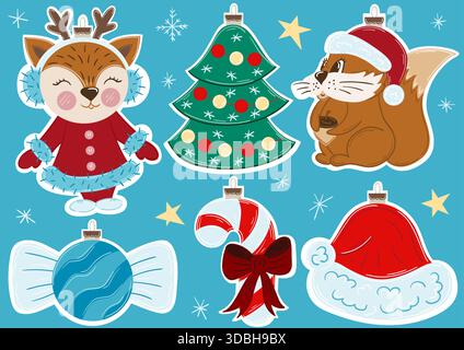 Weihnachtsbaumschmuck, Weihnachtsschmuck. Set mit Aufklebern auf blauem Hintergrund. Entwürfe für Rätsel und pädagogische Aktivitäten für Kinder, DE Stock Vektor