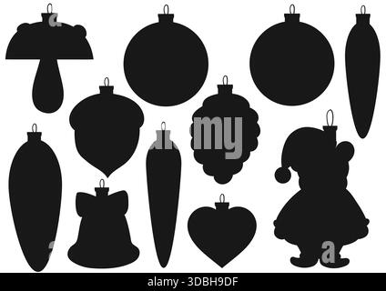 Weihnachtsbaumschmuck, Weihnachtsschmuck. Satz von Silhouetten. Entwürfe für Rätsel und pädagogische Aktivitäten für Kinder. Symbole, Schilder, Aufkleber Stock Vektor
