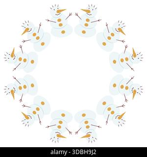 Weihnachtsbaumschmuck. Runder Rahmen aus Weihnachtsbaumschmuck mit Schneemännern. Vorlage für Ihre Kreativität. Design für Flyer Stock Vektor