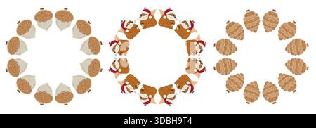 Weihnachtsbaumschmuck, Weihnachtsschmuck. Set aus runden Rahmen aus Waldspielzeug. Vorlage für Ihre Kreativität. Design für Postkarten, Flyer, Stock Vektor