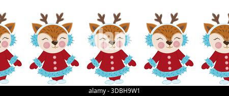 Weihnachtliche flache nahtlose Borte mit Hirsch. Illustration zum Neujahr. Vektor-Design für Papier, Abdeckung, Stoff, Inneneinrichtung Stock Vektor