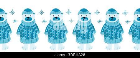 Weihnachtliche flache nahtlose Umrandung von Eisbären. Illustration zum Neujahr. Vektordesign für Papier, Cover, Stoff, Inneneinrichtung und andere Stock Vektor