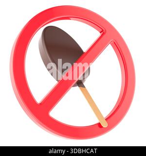 Schokoladeneis mit rotem Verbotssymbol, kein Eiskonzept. 3D-Rendering isoliert auf weißem Hintergrund Stockfoto