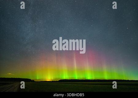 Helle aurora Borealis mit grünen und roten Strahlen über einer ländlichen Landschaft unter einem sternenklaren Nachthimmel Stockfoto