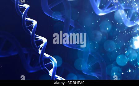 DNA-Doppelhelixstruktur und Bokeh-Lichter auf dunkelblauem Hintergrund. Bannerdesign Stockfoto