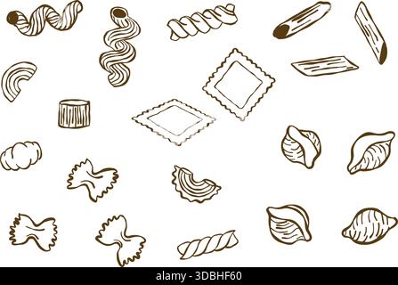 Handgezeichnetes Set aus Nudelformen Stock Vektor