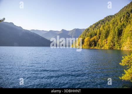 Ein atemberaubender Blick fängt das unberührte, tiefblaue Wasser des Lake Crescent an einem wunderschönen, ruhigen Sommermorgen im Olympic National Park ein Stockfoto