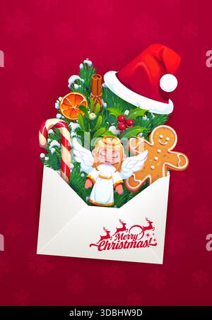 Frohe Weihnachten Briefumschlag mit Weihnachtsgeschenken, Tannenzweigen und Glückwunsch, Vektor-Grußkarte. Cartoon offener Umschlag mit Weihnachtslettchen Stock Vektor