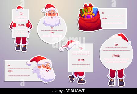 Weihnachtsanhänger, Etiketten und Notizen, Weihnachtsmann und Geschenke Stock Vektor