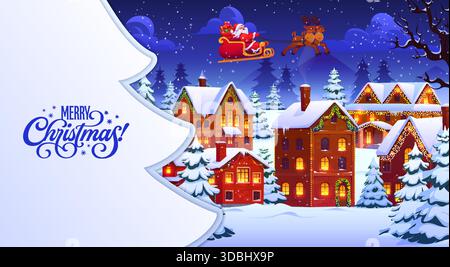 Weihnachtsstadt und Weihnachtsmann Schlitten Papier geschnitten Banner Stock Vektor