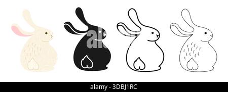 Kaninchen oder Hasen Texturvektor Symbol Zeichentricksatz. Niedliches, entzückendes Häschen für Happy Easter Karte, Postkarte, Einladung, Poster, Schreibwaren. Zeichentrickfilm-skurrile Kaninchen-Tier-Oster-Symbole lineares Symbol Stock Vektor
